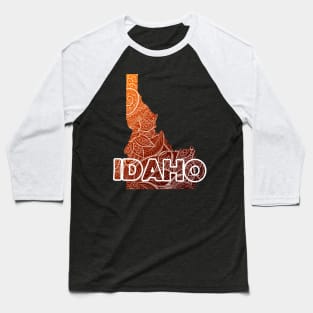 Colorful mandala art map of Idaho with text in brown and orange Baseball T-Shirt